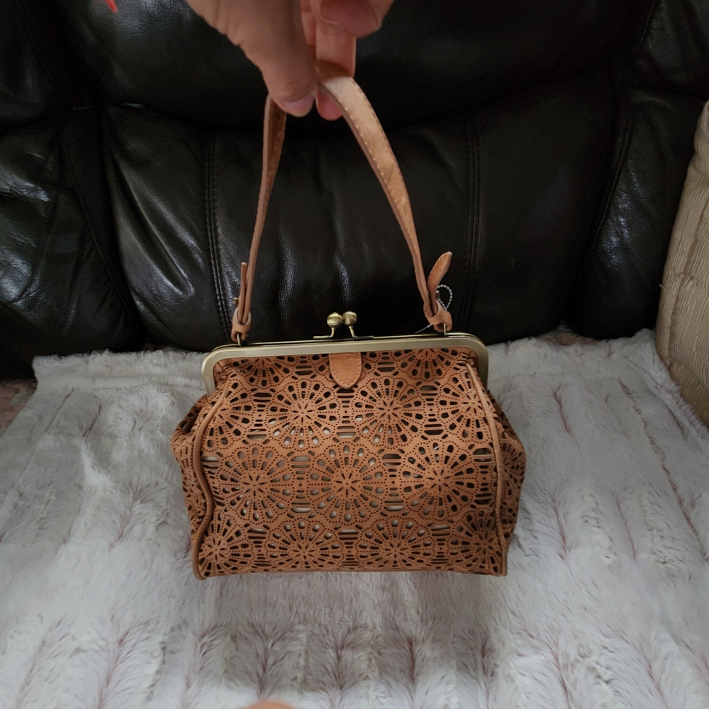 Tan Laser-Cut Floral Frame-Top Shoulder Bag